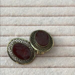 Vintage Gold and Brown Filigree Earrings with Central Stone